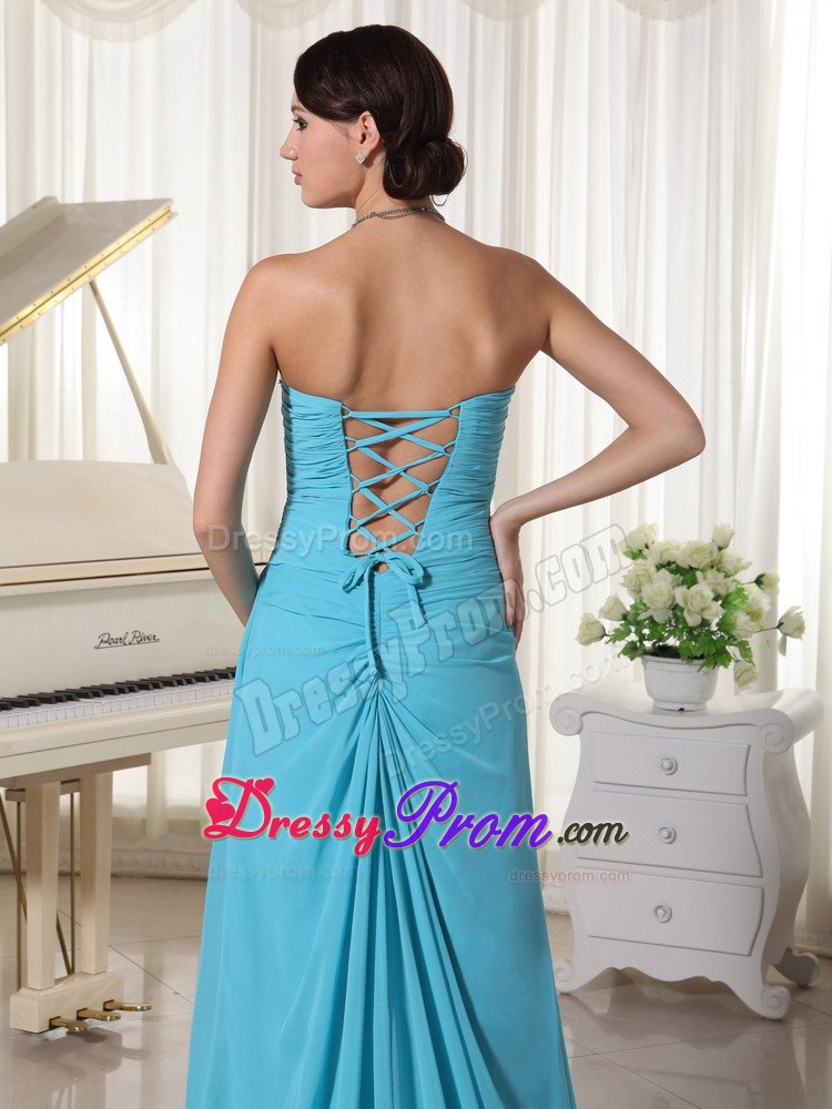 Charming Sweetheart Ruched Slitted Aqua Blue Prom Gown Dress