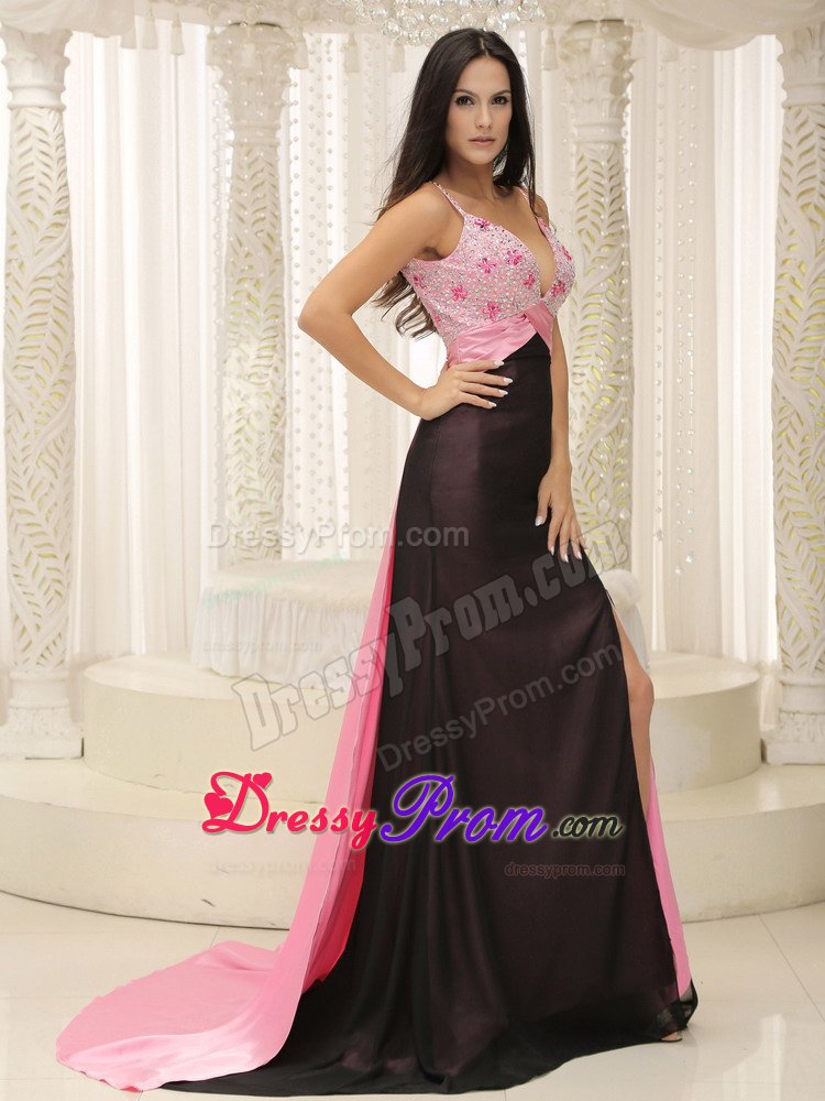 Brush Train Straps Slitted Beaded Pink and Black Dress for Prom