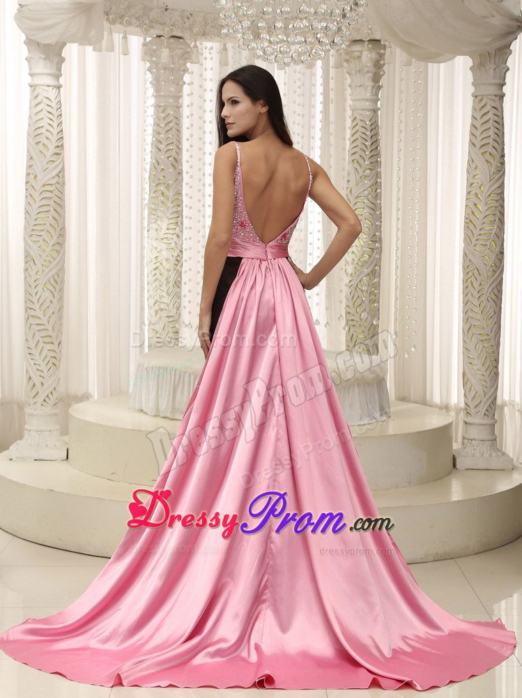 Brush Train Straps Slitted Beaded Pink and Black Dress for Prom