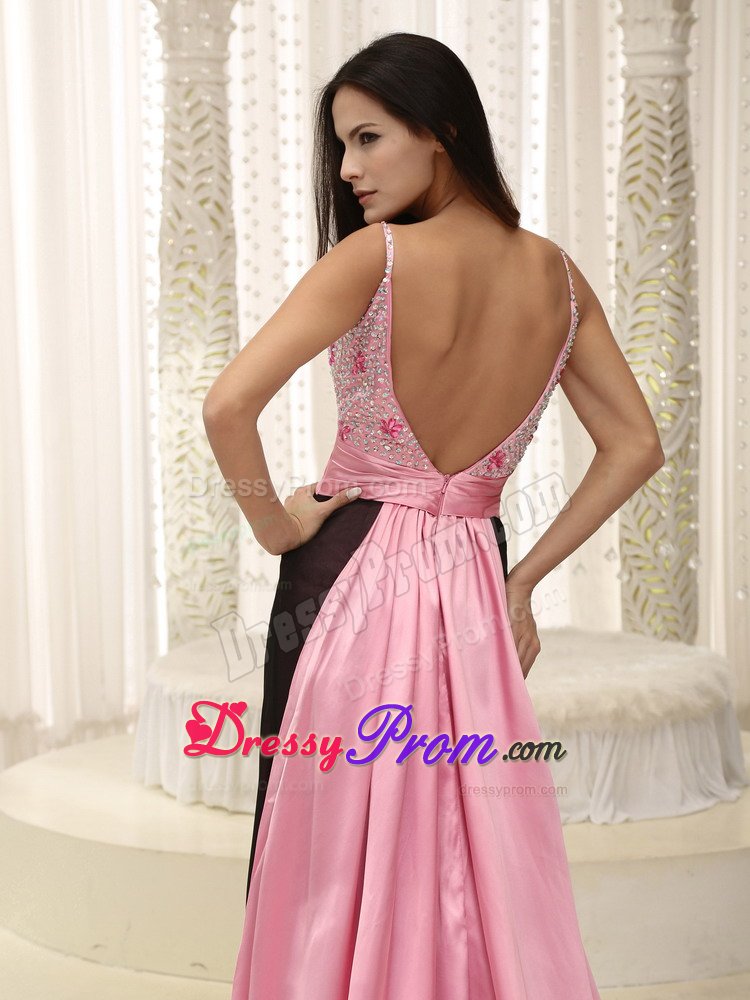 Brush Train Straps Slitted Beaded Pink and Black Dress for Prom