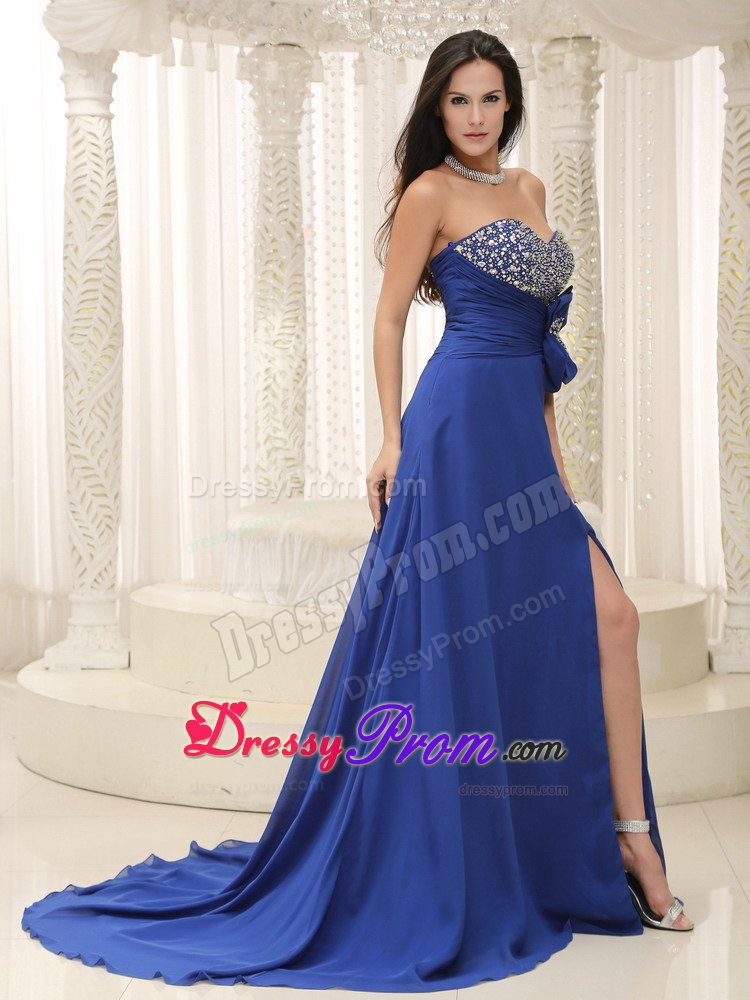 Sweetheart Slitted Beaded Peacock Blue Prom Dress Brush Train