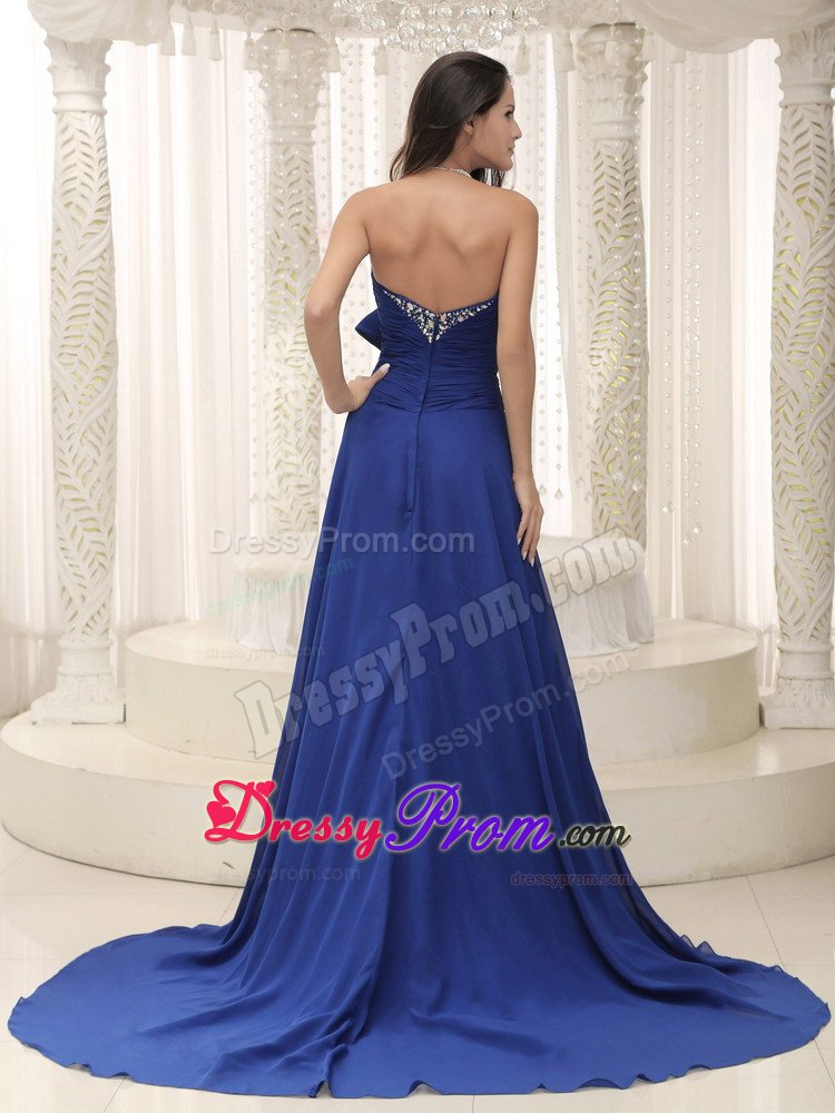 Sweetheart Slitted Beaded Peacock Blue Prom Dress Brush Train