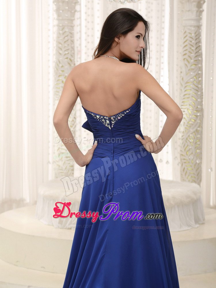 Sweetheart Slitted Beaded Peacock Blue Prom Dress Brush Train