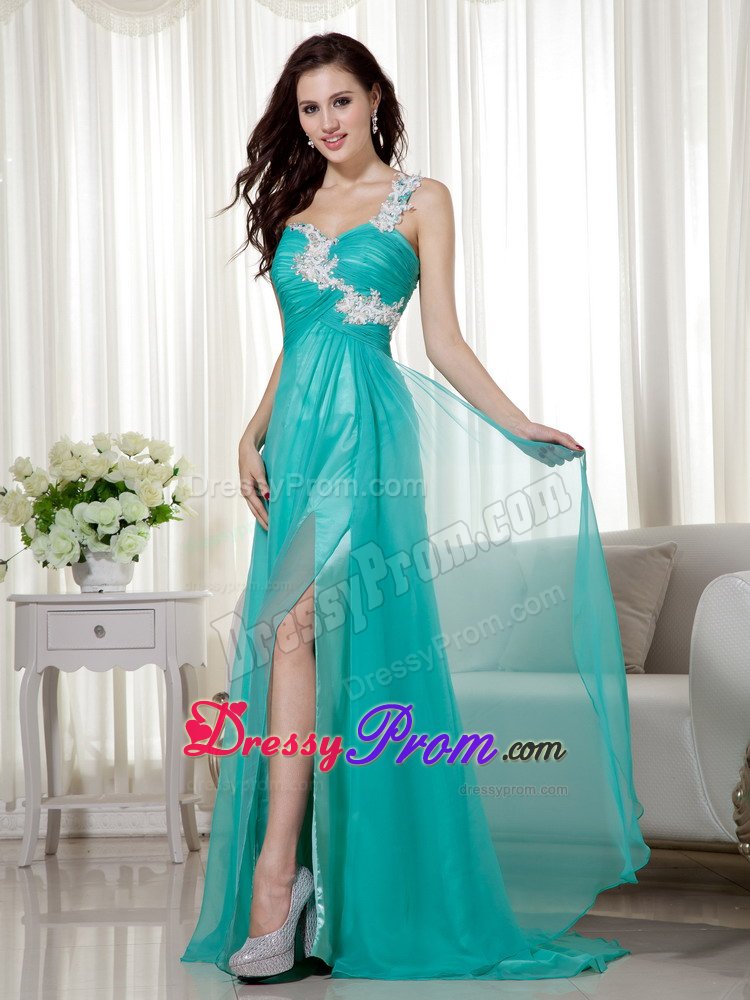 Design One Shoulder Slitted Appliqued Prom Dress with Ruche
