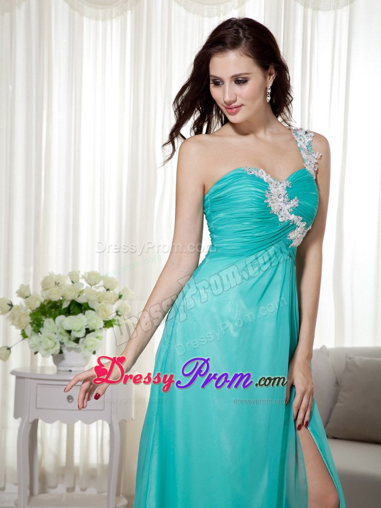 Design One Shoulder Slitted Appliqued Prom Dress with Ruche