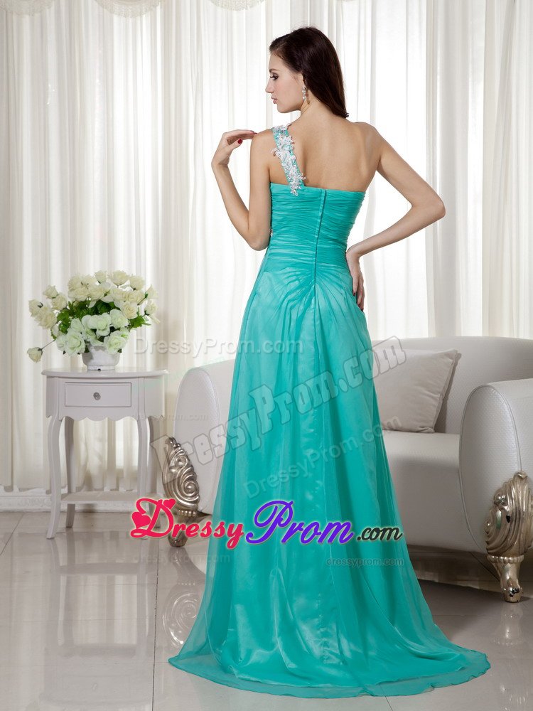 Design One Shoulder Slitted Appliqued Prom Dress with Ruche