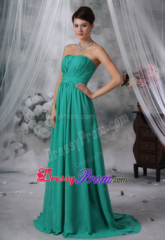 Cheap Chiffon Brush Train Ruched Turquoise Dresses for Prom