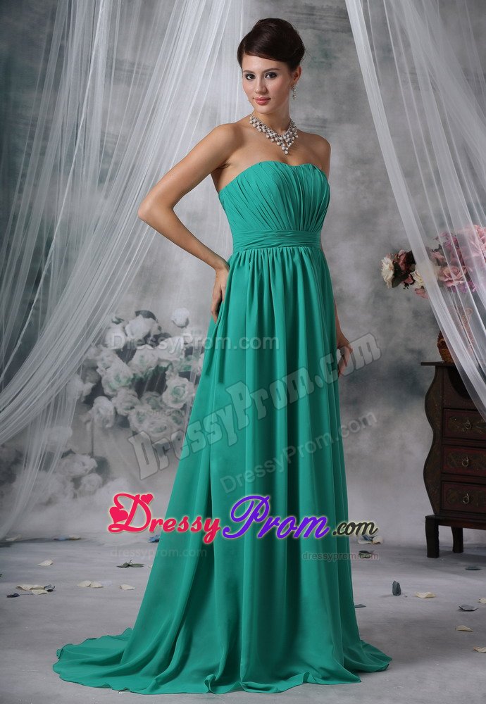 Cheap Chiffon Brush Train Ruched Turquoise Dresses for Prom