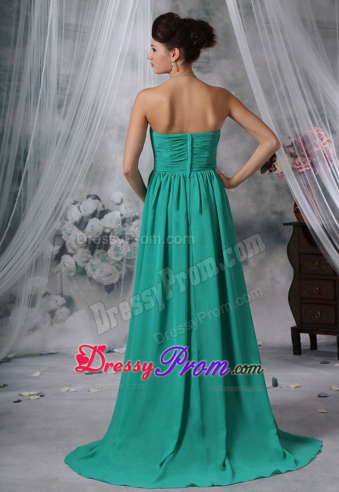 Cheap Chiffon Brush Train Ruched Turquoise Dresses for Prom