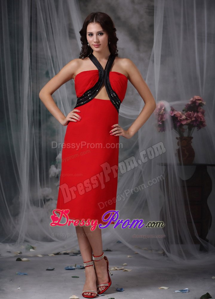 Tea-length V-neck Prom Dress for Ladies with Crisscross Back