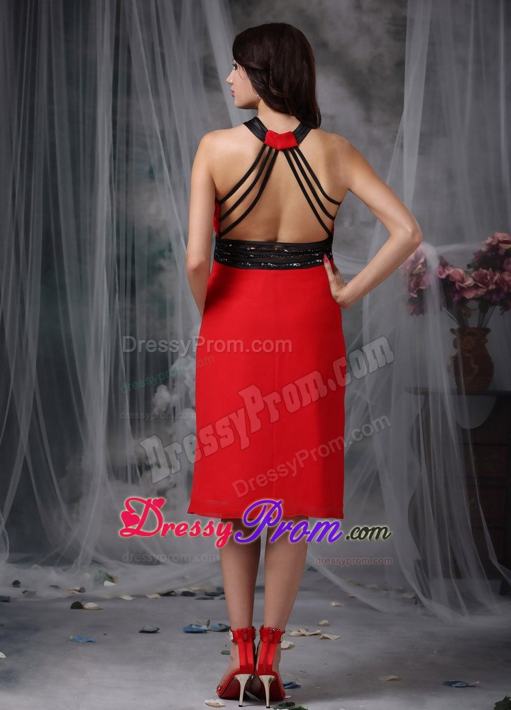 Tea-length V-neck Prom Dress for Ladies with Crisscross Back
