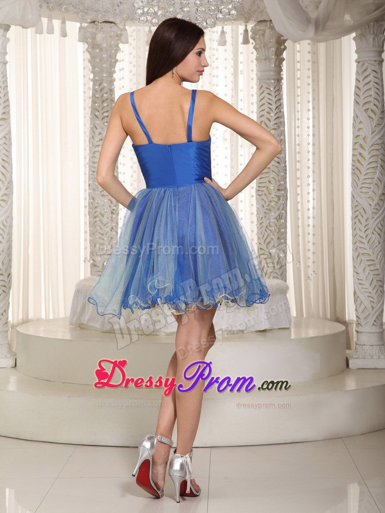 Spaghetti Straps Blue Organza Appliqued Mini Prom Party Dress
