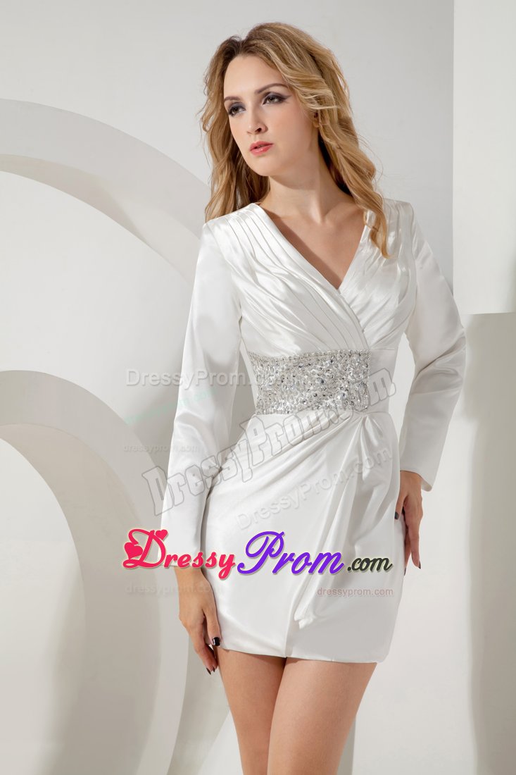 White V-neck Prom Bridesmaid Dress Beading Long Sleeves Mini-length