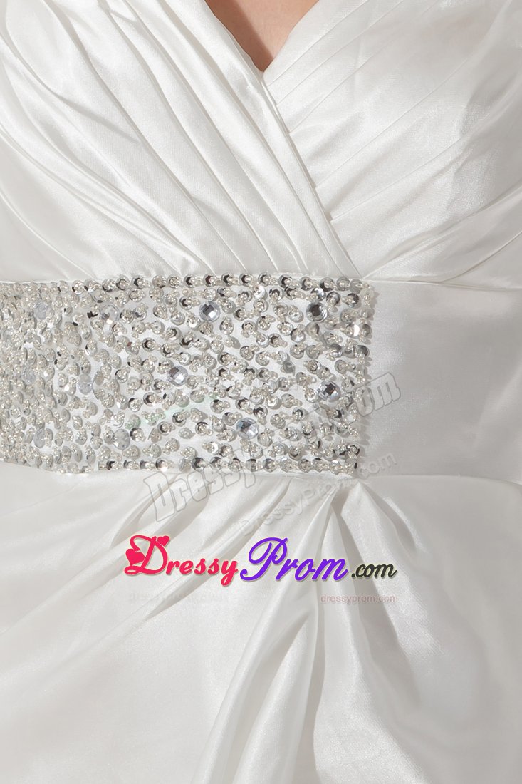 White V-neck Prom Bridesmaid Dress Beading Long Sleeves Mini-length