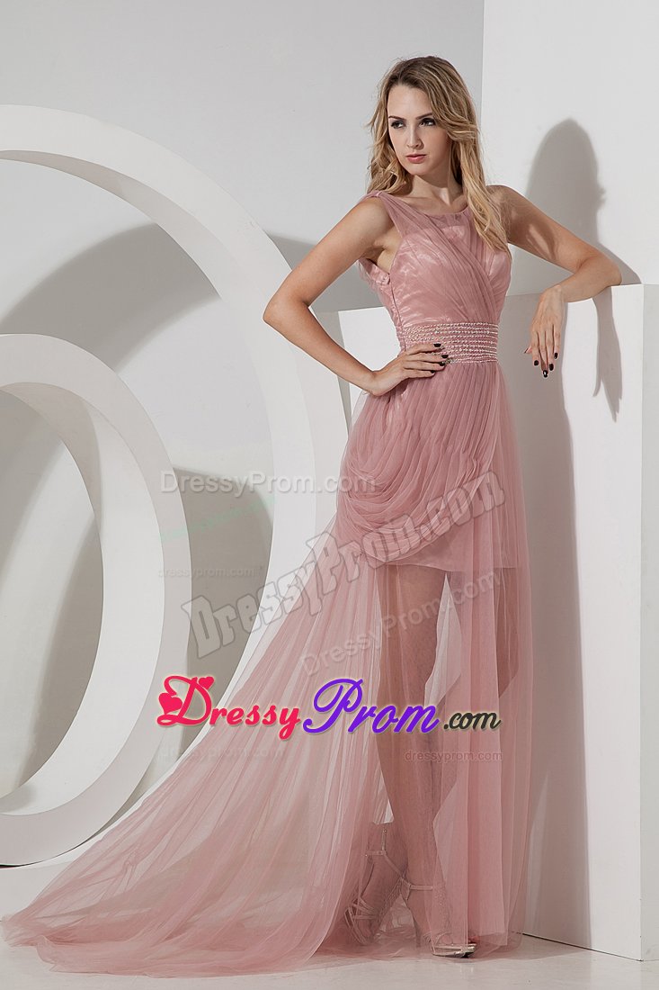 Tulle Beaded Prom Homecoming Dresses Sweep Train with Side Zipper