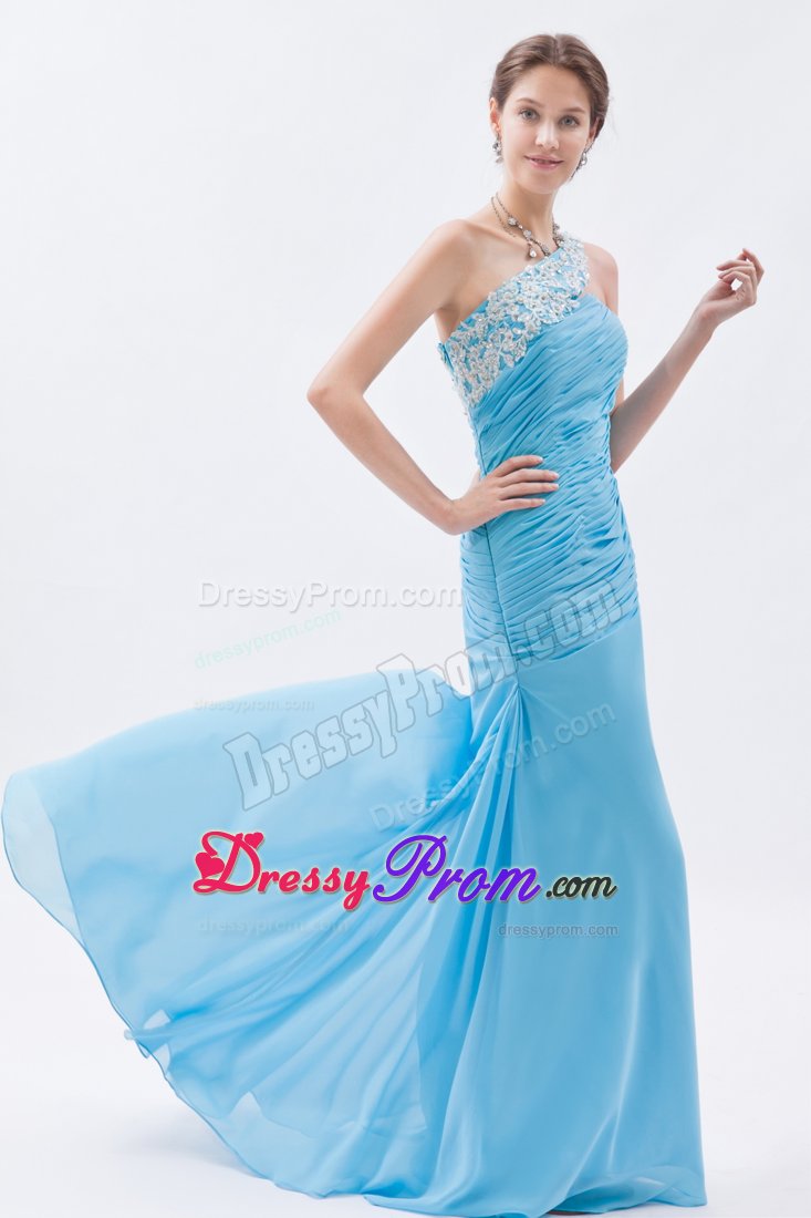 Pretty Baby Blue Prom Holiday Dress Beaded One Shoulder with Ruches