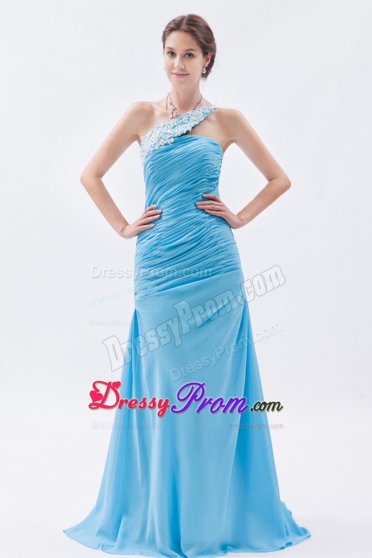 Pretty Baby Blue Prom Holiday Dress Beaded One Shoulder with Ruches