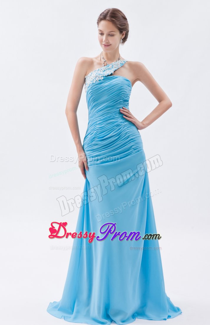 Pretty Baby Blue Prom Holiday Dress Beaded One Shoulder with Ruches