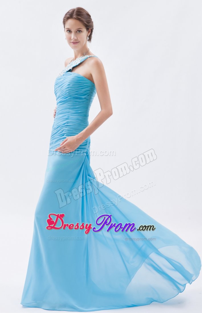 Pretty Baby Blue Prom Holiday Dress Beaded One Shoulder with Ruches