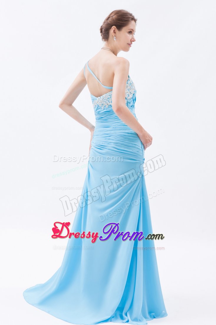 Pretty Baby Blue Prom Holiday Dress Beaded One Shoulder with Ruches