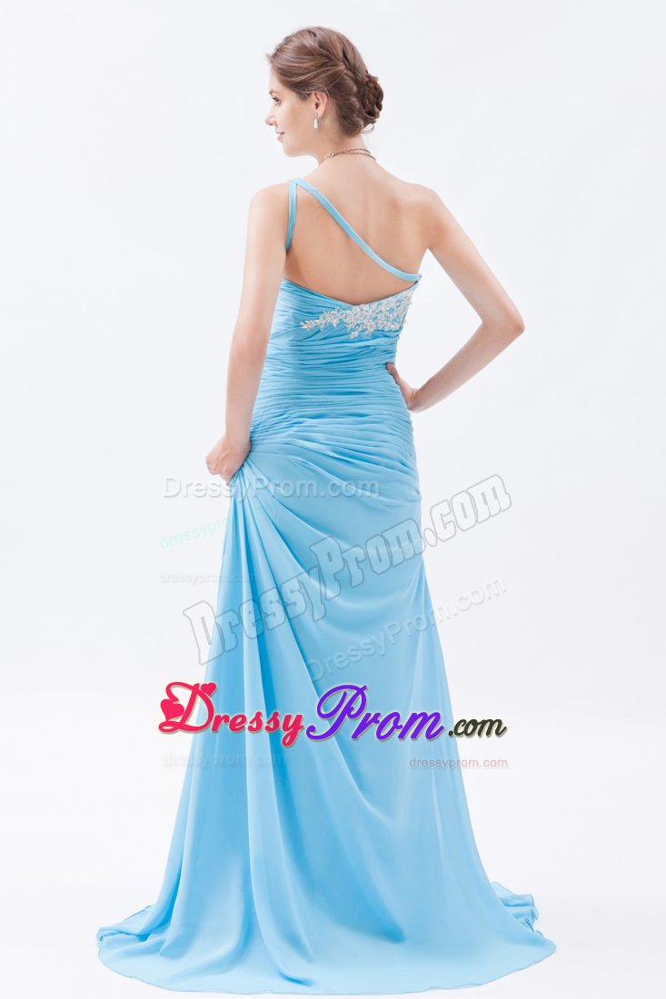Pretty Baby Blue Prom Holiday Dress Beaded One Shoulder with Ruches