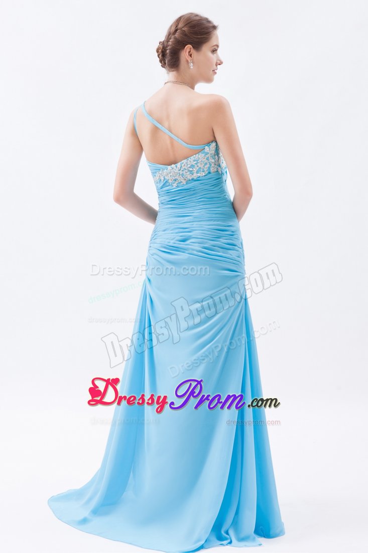Pretty Baby Blue Prom Holiday Dress Beaded One Shoulder with Ruches