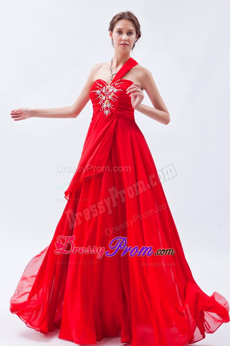 Sexy Chiffon Red Prom Gown Dress Beaded One Shoulder Joao Pessoa