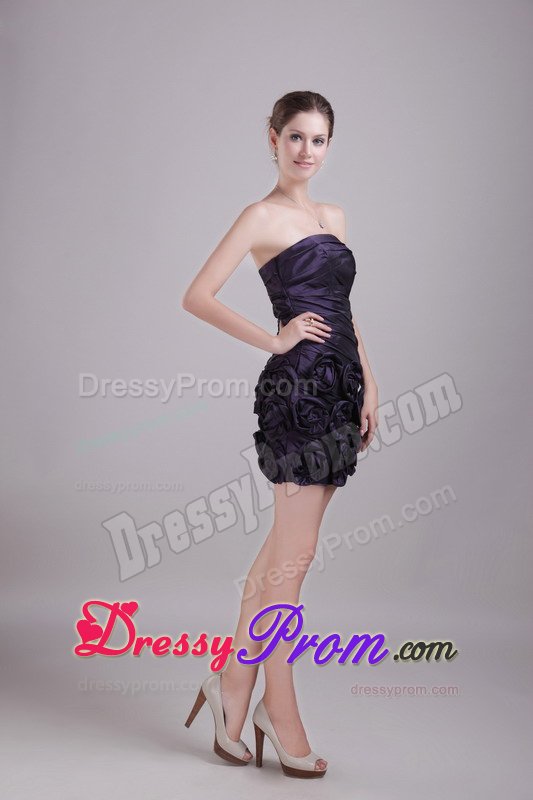 Ruche Prom Party Dress Mini-length Hand Made Flowers in Dark Purple