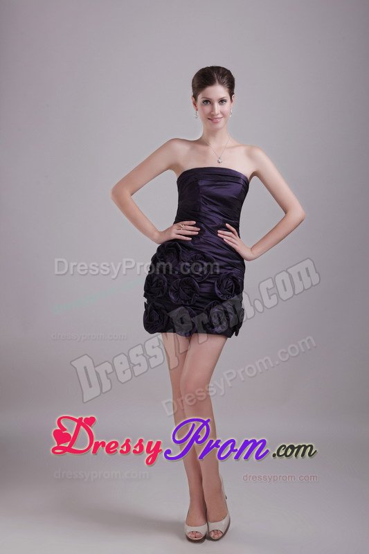 Ruche Prom Party Dress Mini-length Hand Made Flowers in Dark Purple