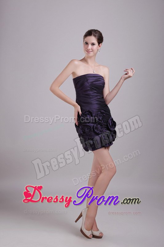 Ruche Prom Party Dress Mini-length Hand Made Flowers in Dark Purple