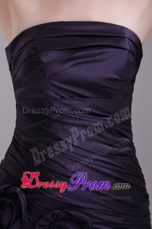Ruche Prom Party Dress Mini-length Hand Made Flowers in Dark Purple