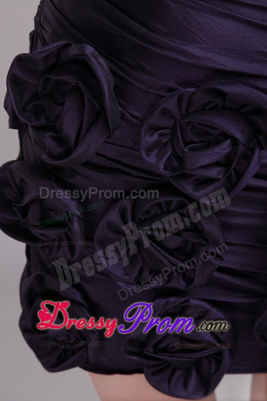 Ruche Prom Party Dress Mini-length Hand Made Flowers in Dark Purple