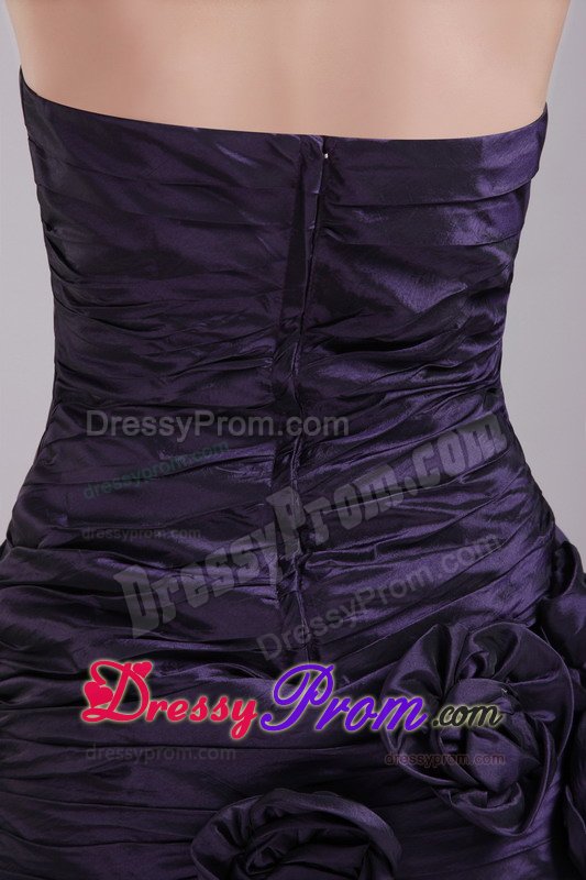 Ruche Prom Party Dress Mini-length Hand Made Flowers in Dark Purple