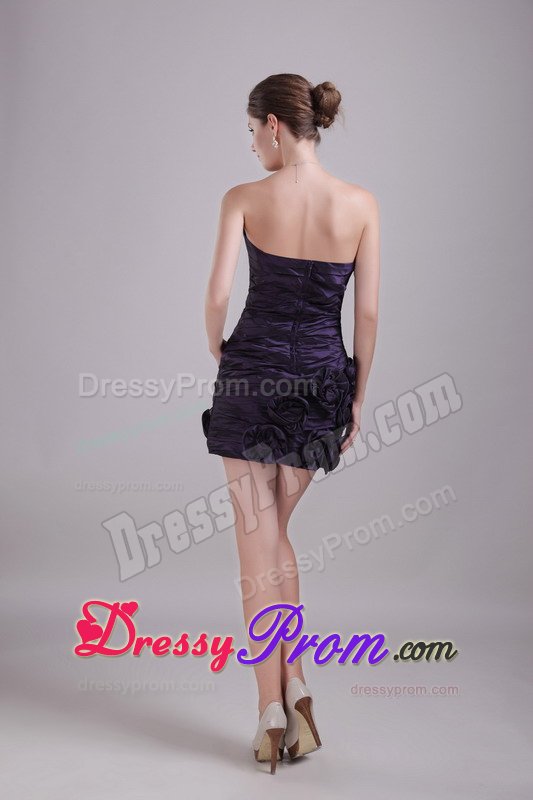 Ruche Prom Party Dress Mini-length Hand Made Flowers in Dark Purple