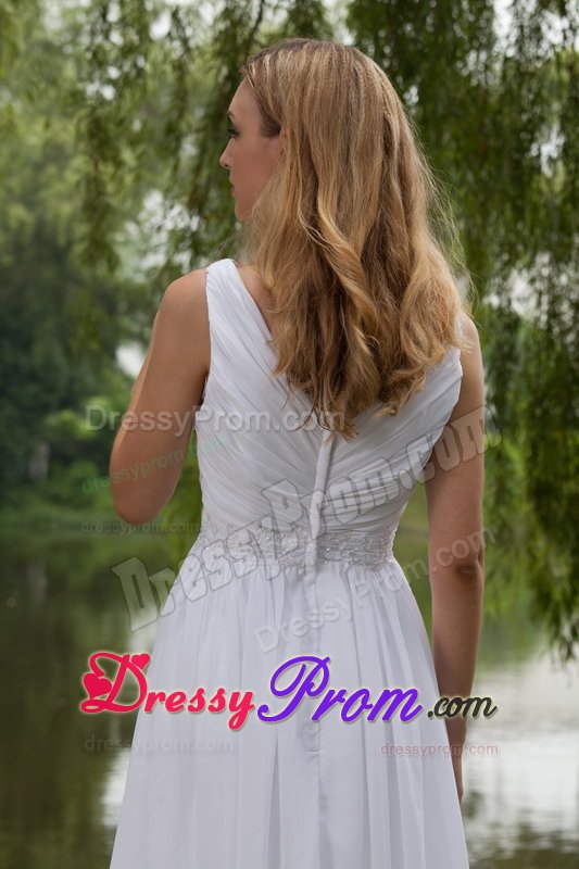 Classic Sleeveless White V-neck Chiffon Prom Gown Dress Floor-length