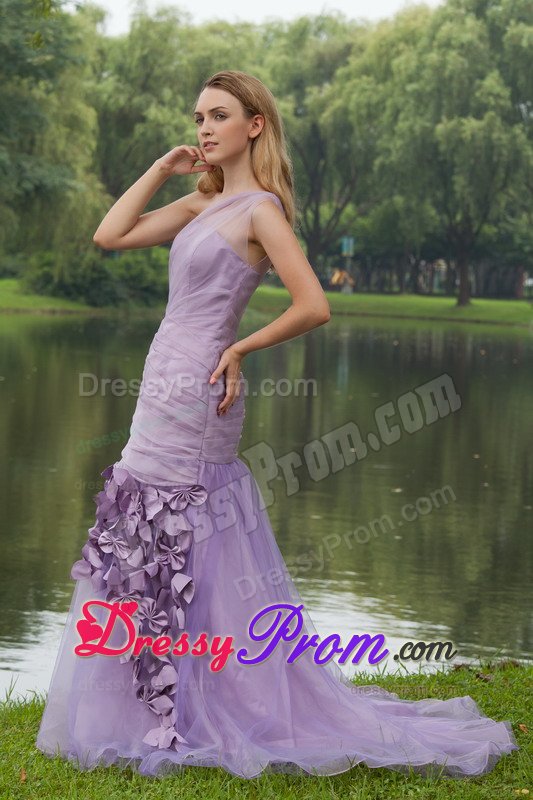 Pretty Lilac One Shoulder Brush Train Prom Dress Hand Made Flowers