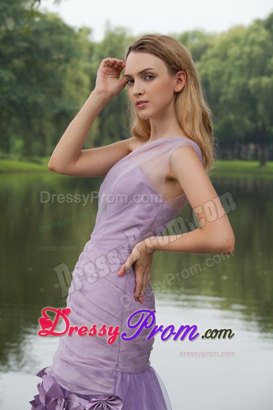 Pretty Lilac One Shoulder Brush Train Prom Dress Hand Made Flowers