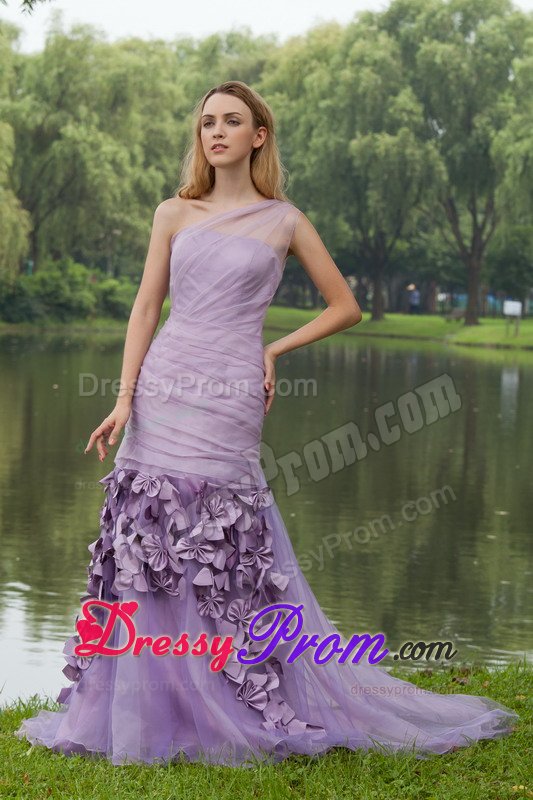 Pretty Lilac One Shoulder Brush Train Prom Dress Hand Made Flowers