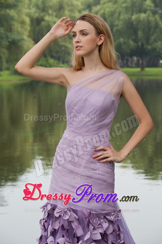 Pretty Lilac One Shoulder Brush Train Prom Dress Hand Made Flowers