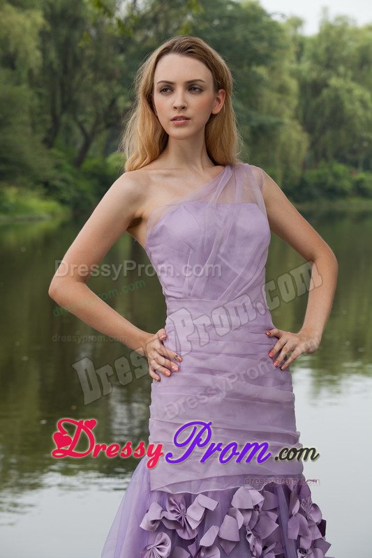 Pretty Lilac One Shoulder Brush Train Prom Dress Hand Made Flowers