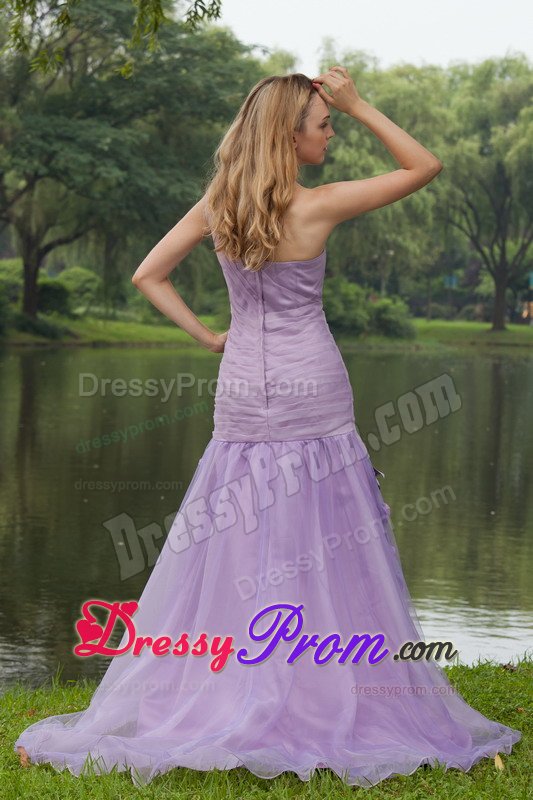 Pretty Lilac One Shoulder Brush Train Prom Dress Hand Made Flowers