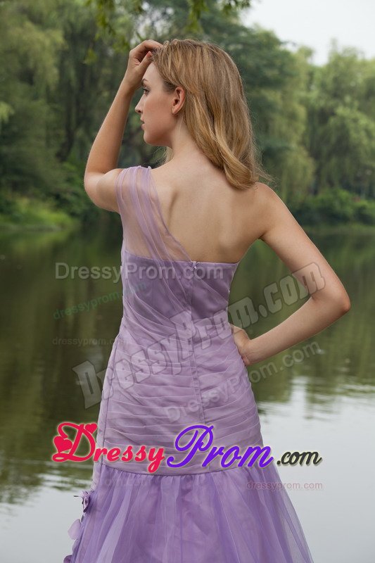 Pretty Lilac One Shoulder Brush Train Prom Dress Hand Made Flowers