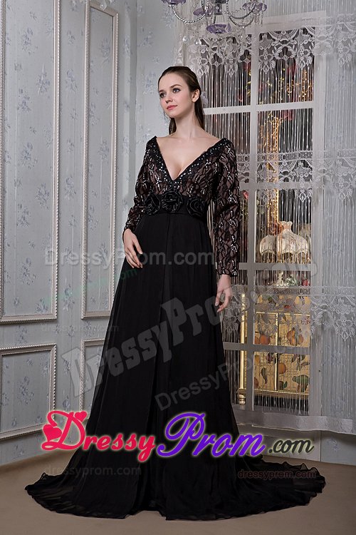 Flattering Black V-neck JS Prom Dress Court Train to Duque De Caxias