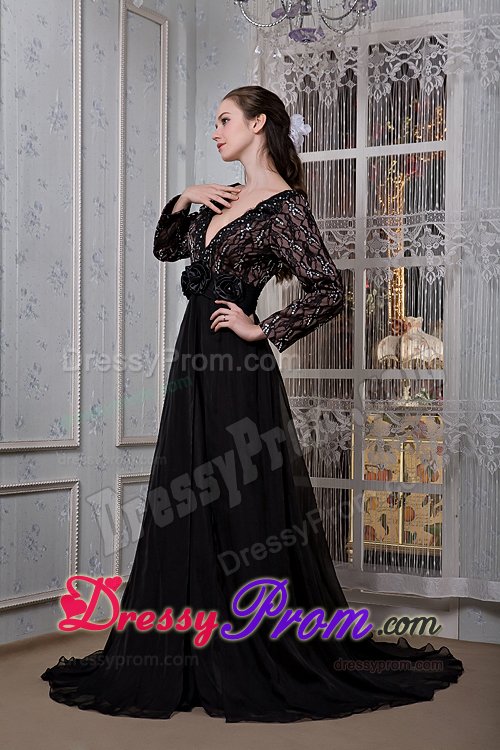 Flattering Black V-neck JS Prom Dress Court Train to Duque De Caxias