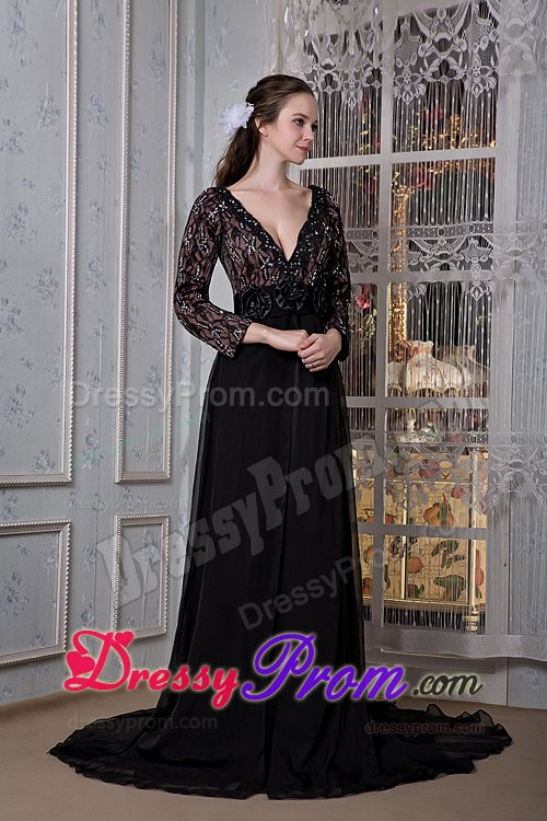 Flattering Black V-neck JS Prom Dress Court Train to Duque De Caxias