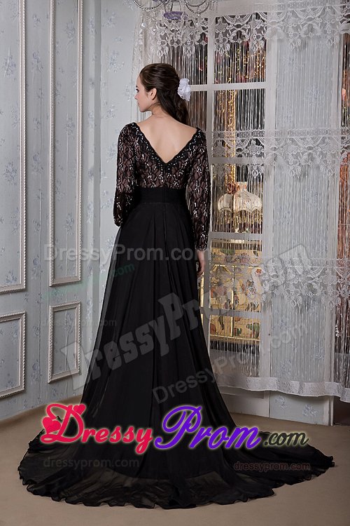 Flattering Black V-neck JS Prom Dress Court Train to Duque De Caxias