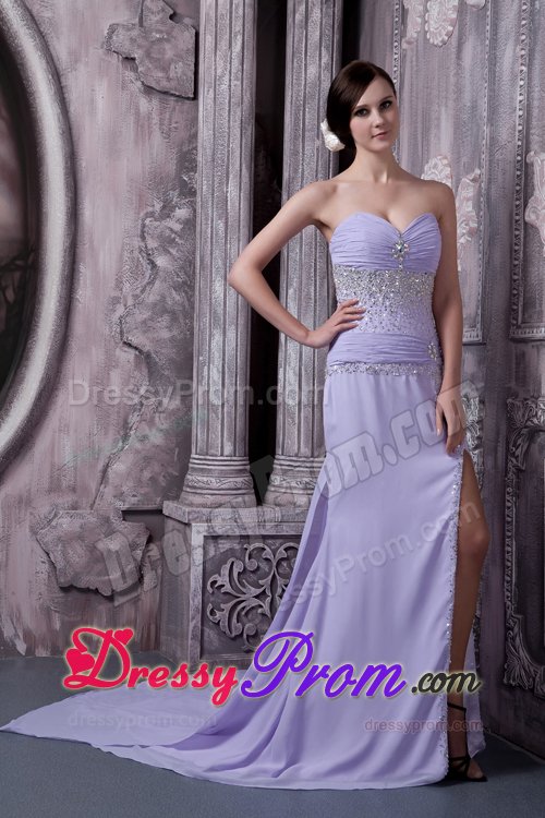 Beaded Prom Bridesmaid Dress Ruches with Slit on the Side Court Train