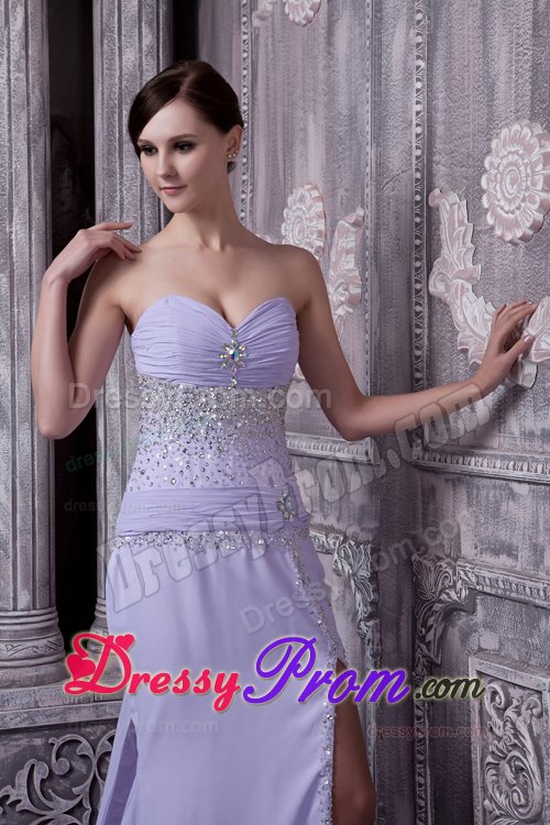 Beaded Prom Bridesmaid Dress Ruches with Slit on the Side Court Train