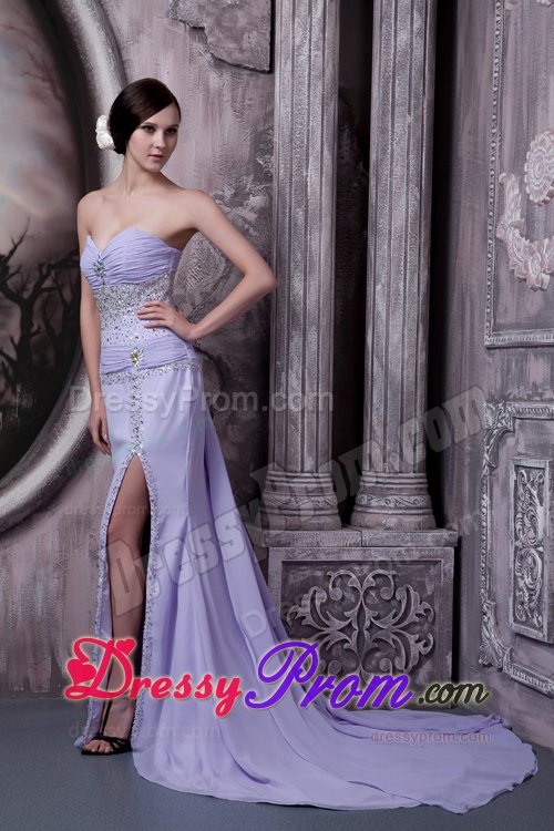 Beaded Prom Bridesmaid Dress Ruches with Slit on the Side Court Train