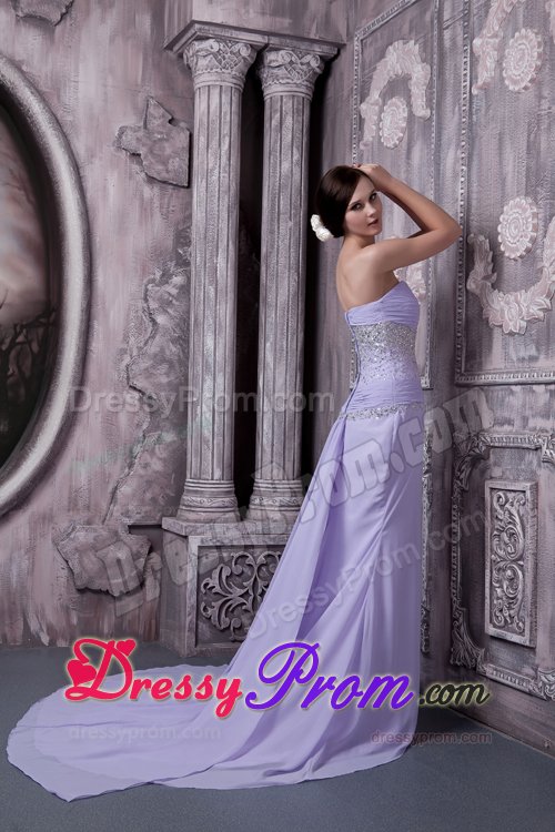 Beaded Prom Bridesmaid Dress Ruches with Slit on the Side Court Train